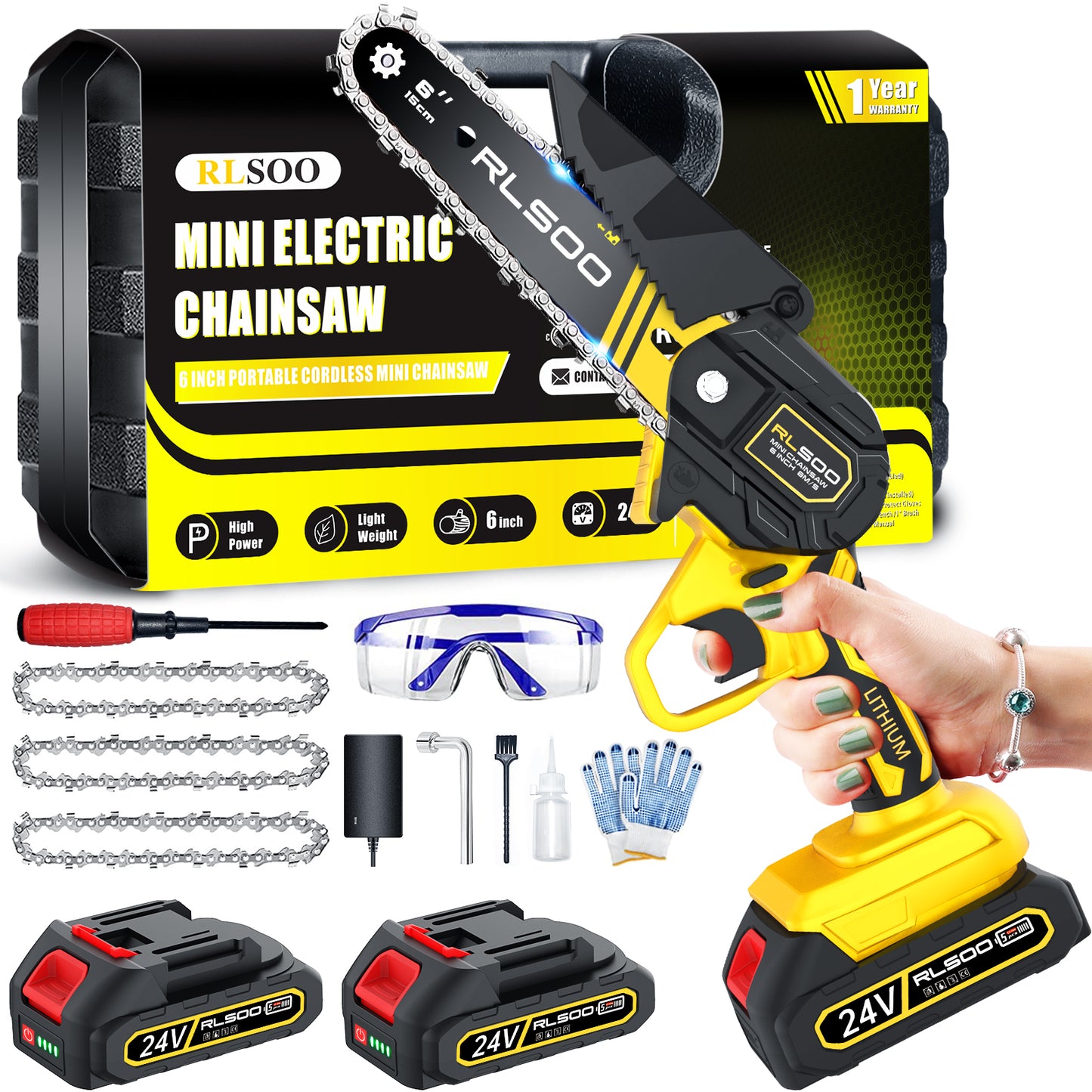 RLSOO 6-Inch Cordless Mini Chainsaw - High-Power, Portable, Lightweight, Ideal for Wood Cutting & Tree Pruning YELLOW