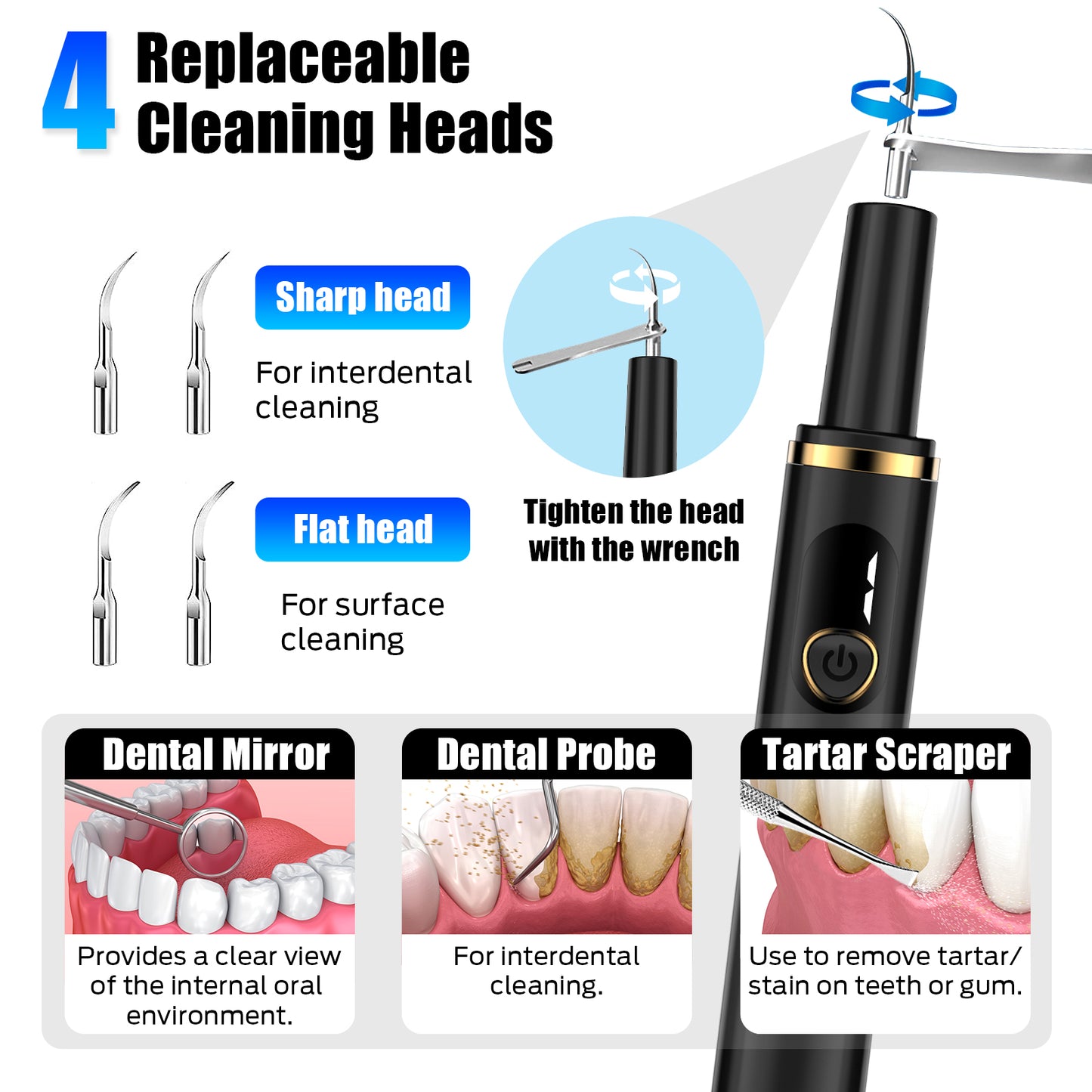 Plaque Remover for Teeth, Tartar Remover for Teeth, Dental Calculus Remover Teeth Cleaning Kit with 4 Modes and 4 Replaceable Heads