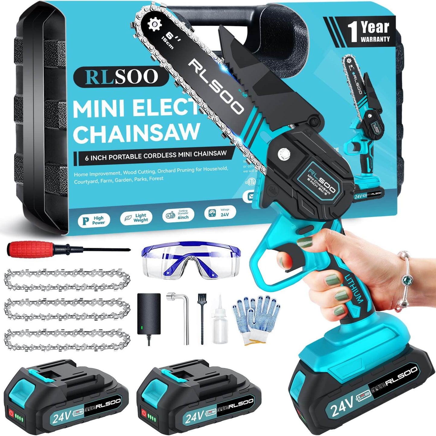 RLSOO 6-Inch Mini Electric Chainsaw - Cordless, Portable, Lightweight, High-Capacity Battery, Ideal for Wood Cutting, Pruning, and Outdoor Use