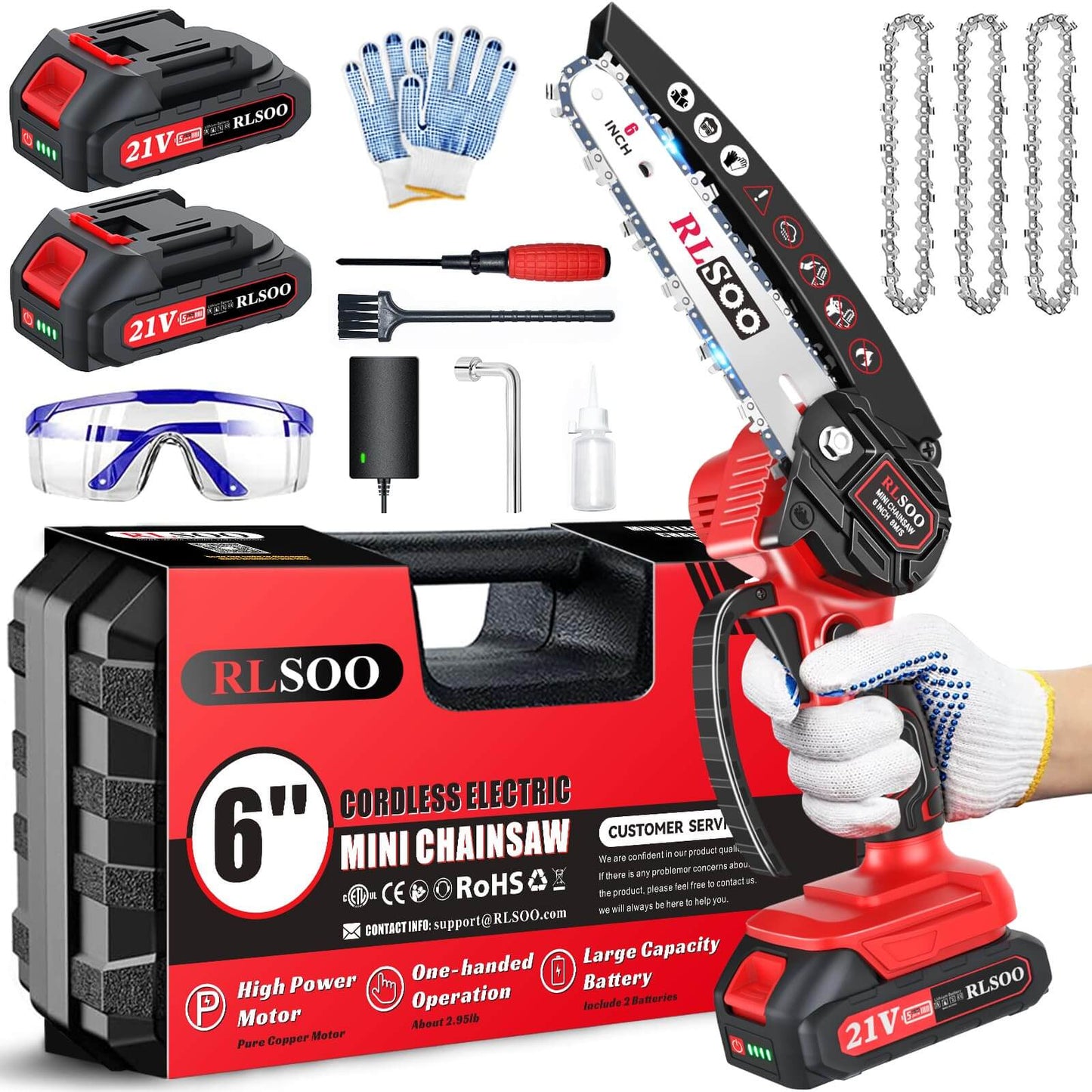 RLSOO 6-Inch Cordless Mini Chainsaw – High-Efficiency Electric Chainsaw, Lightweight and Portable, with 21V Rechargeable Batteries, 5 Safety Features, and One-Handed Operation