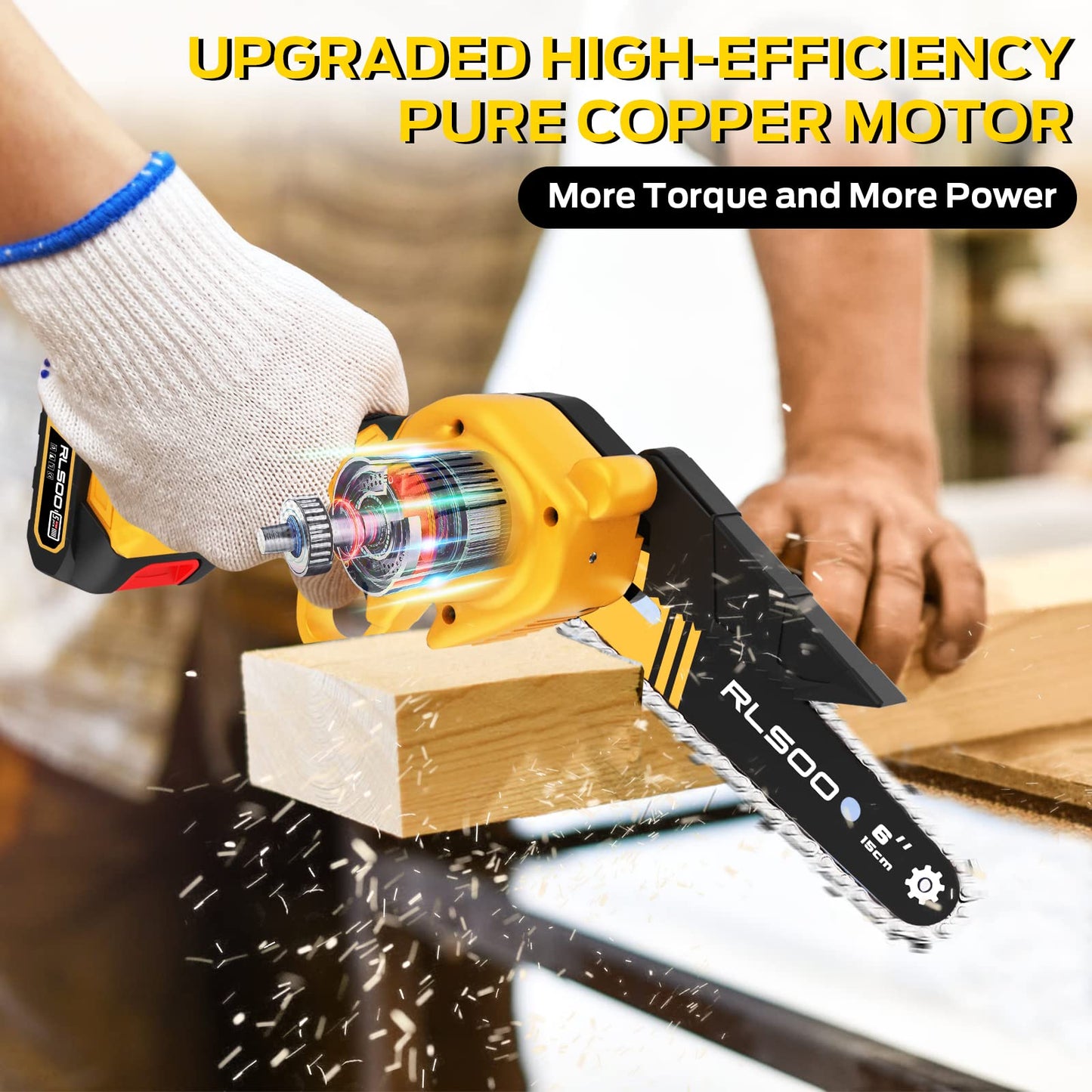 RLSOO 6-Inch Cordless Mini Chainsaw - High-Power, Portable, Lightweight, Ideal for Wood Cutting & Tree Pruning YELLOW