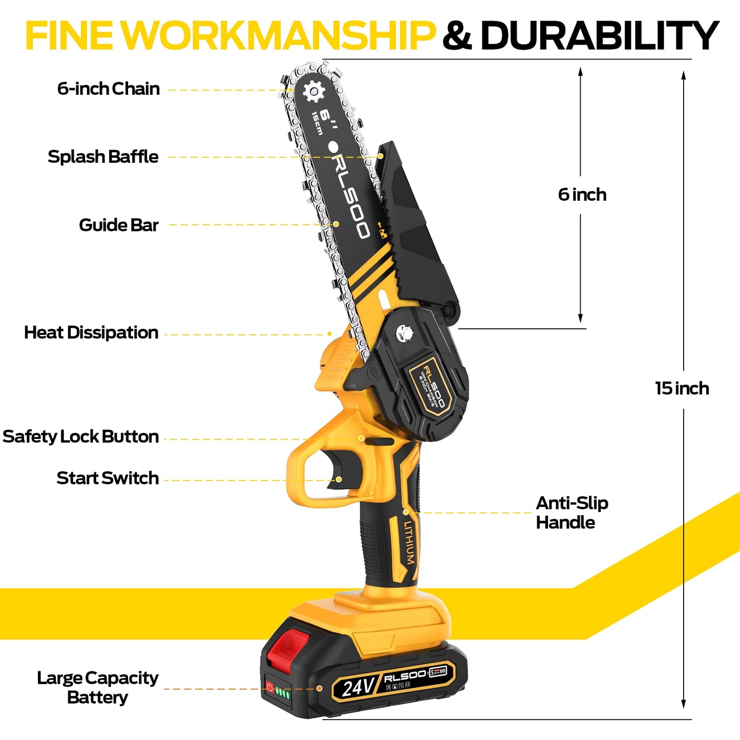 RLSOO 6-Inch Cordless Mini Chainsaw - High-Power, Portable, Lightweight, Ideal for Wood Cutting & Tree Pruning YELLOW