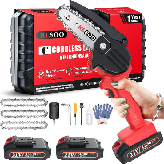 RLSOO 4-Inch Cordless Electric Mini Chainsaw - High-Efficiency, Portable, One-Handed Operation, Safety Features, 2x 21V Batteries