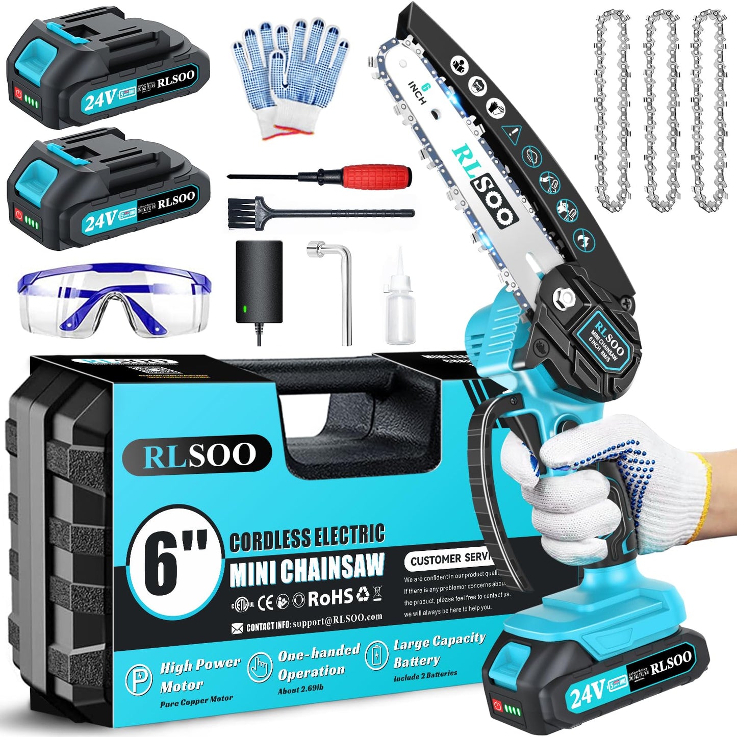 Mini Chainsaw, 6 Inch Electric Chainsaw Cordless with Auto Oiler & Security Lock, Portable Battery Powered Chainsaw for Branches, Wood Cutting, Yard, Garden Use (2 Batteries, 3 Chains)