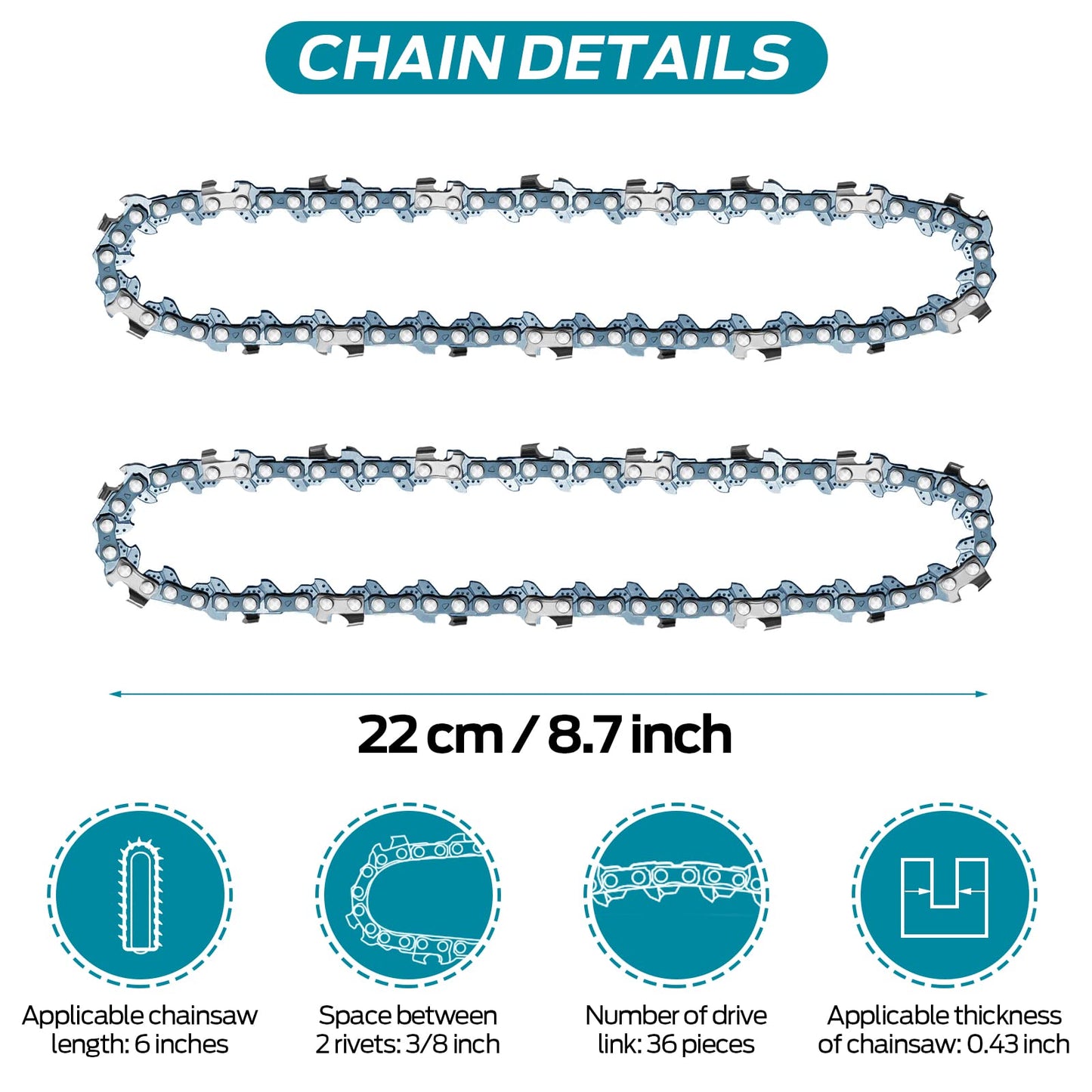 6-Inch Chainsaw Chain Replacement for Cordless Mini Chainsaws - 2 Pack, Fits Electric Pruning Saws for Tree Branches, Yard, and Garden Use