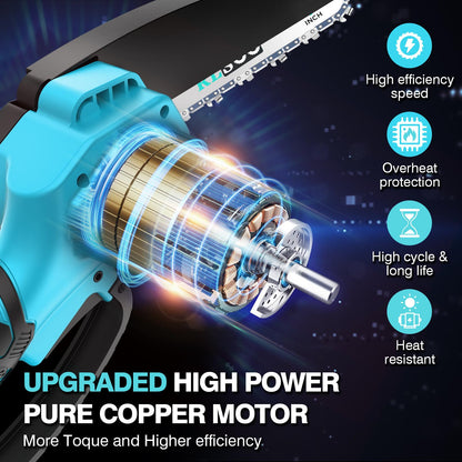 Mini Chainsaw, 6 Inch Electric Chainsaw Cordless with Auto Oiler & Security Lock, Portable Battery Powered Chainsaw for Branches, Wood Cutting, Yard, Garden Use (2 Batteries, 3 Chains)