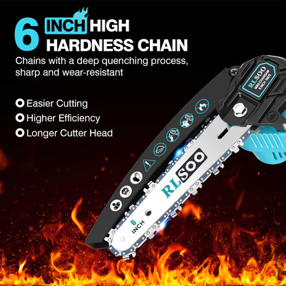 Mini Chainsaw, 6 Inch Electric Chainsaw Cordless with Auto Oiler & Security Lock, Portable Battery Powered Chainsaw for Branches, Wood Cutting, Yard, Garden Use (2 Batteries, 3 Chains)