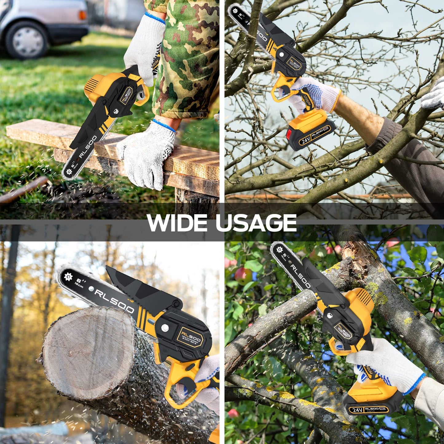 RLSOO 6-Inch Cordless Mini Chainsaw - High-Power, Portable, Lightweight, Ideal for Wood Cutting & Tree Pruning YELLOW